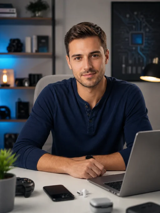 Tech AI reviewer at desk setup